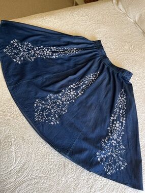 Cotton Embroidered Floral Denim Flare Skirt Long Blue Women's L Pockets Swing